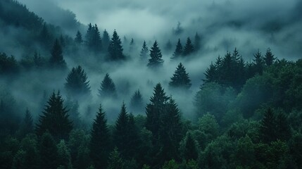 A shot of a misty morning forest with fog rolling through the trees.
