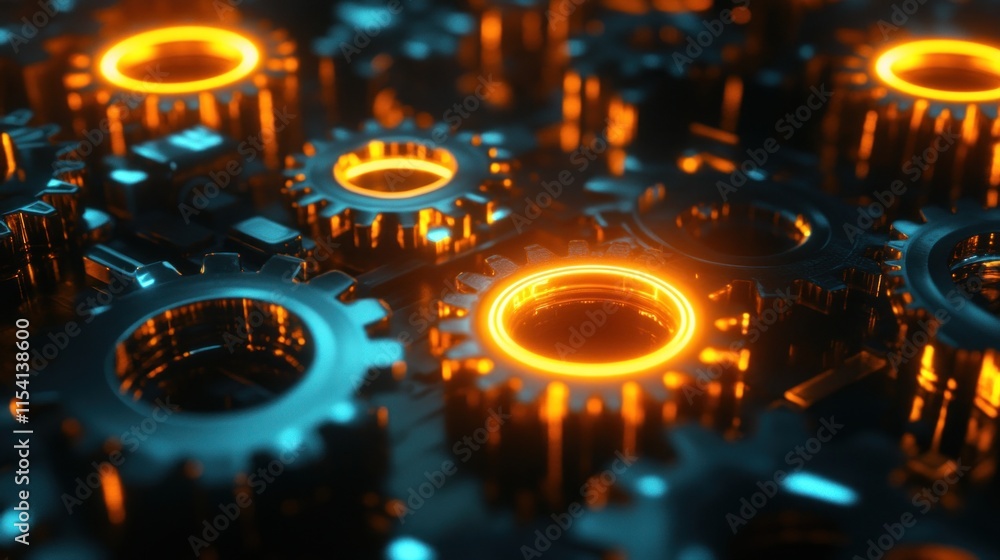 Poster glowing gears rotating smoothly in complex mechanism