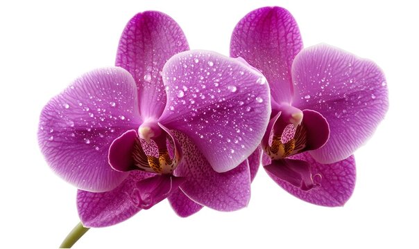 Two pink orchids with water droplets on petals, isolated on white.