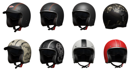 set Variety of stylish motorcycle helmets on display isolated on transparent background cut out
