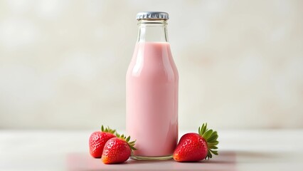 Mockup of strawberry milk in bootle with strawberries isolated on white background 