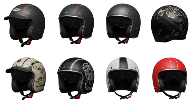 set Variety of stylish motorcycle helmets on display isolated on transparent background cut out

