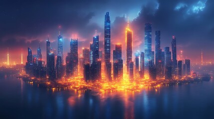 Fototapeta premium Night Cityscape Illuminating Cityscapes Skyline Reflections