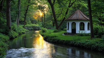 Fototapeta premium Sunset over tranquil stream, gazebo in lush green forest.
