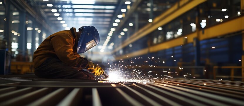 Industrial worker cutting and welding metal with many sparks, in an industrial warehouse. horizontal