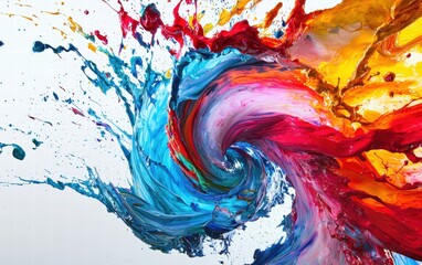 A massive tornado made of swirling colorful paint, spiraling upwards with intense energy. The vibrant liquid paint twists and blends into mesmerizing patterns on a clear white background