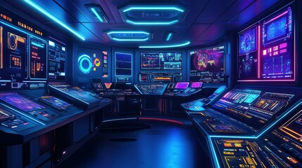 Obraz premium A futuristic, high-tech control room with neon lighting and holographic screens.