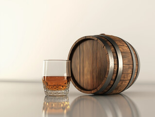 Elegantes Glas mit Whiskey neben einer traditionellen Holzfass

