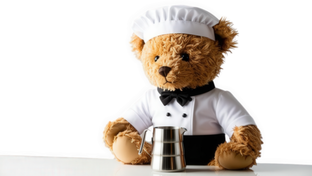 Cute chef teddy bear preparing drinks in a bright studio environment adorable concept