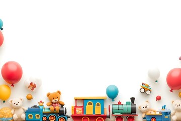 Fototapeta premium Cheerful Toy Train, Teddy Bear, and Balloon Design on White Background