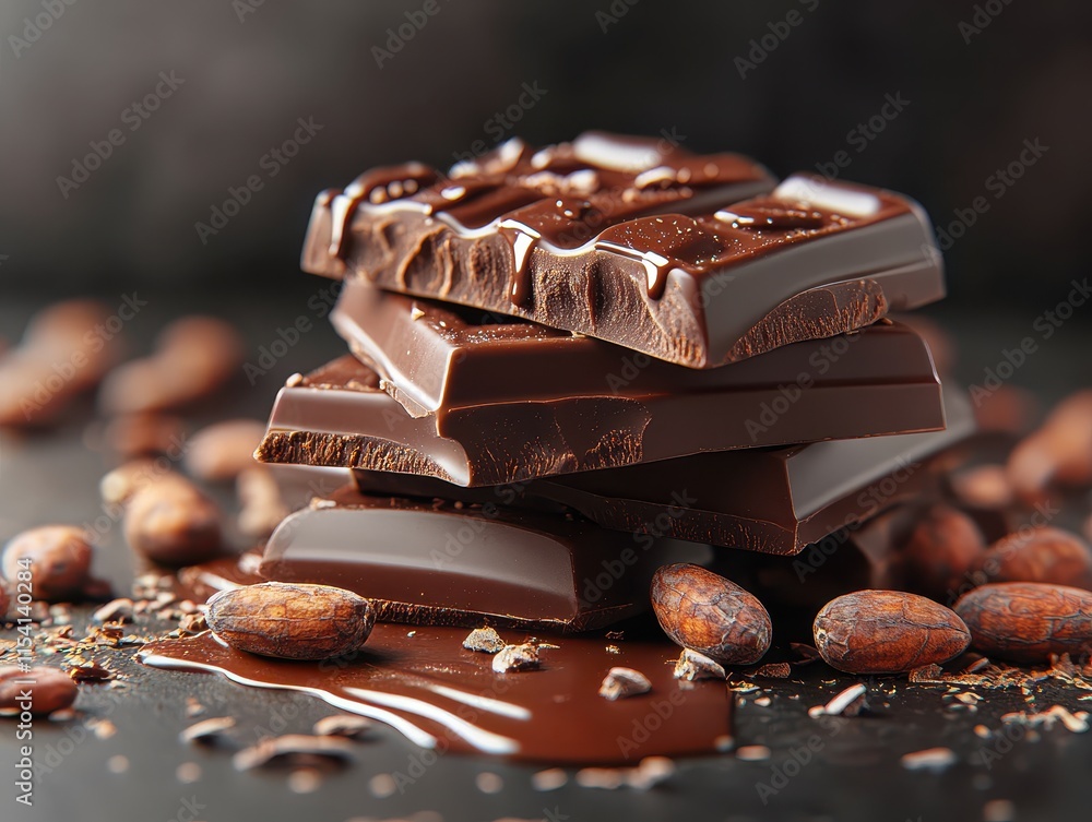 Poster a stack of chocolate bars with cocoa beans, emphasizing indulgence and flavor.