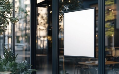 Fototapeta premium A clean, minimalistic mockup of a blank white A4 paper hanging on the glass door of an outdoor cafe, with the glass reflecting light 