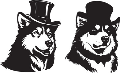 Alaskan Malamute Dog Wearing Top Hat Stylized Vector Illustration Graphic
