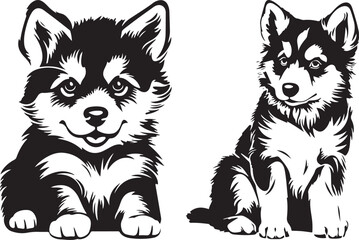 Alaskan Malamute Puppies Sitting Down Stylized Vector Illustration Graphic