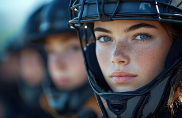 Close-up portrait of a female athlete wearing softball catching gear