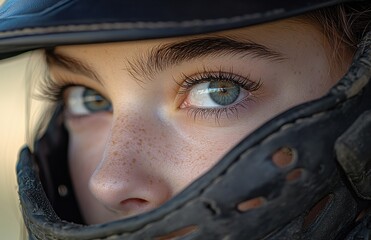 Close-up of a determined female athlete wearing baseball gear