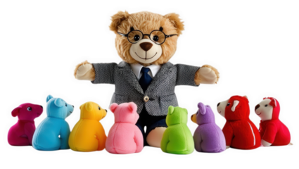 Cute teddy bear teacher engaging colorful plush animals in fun learning session