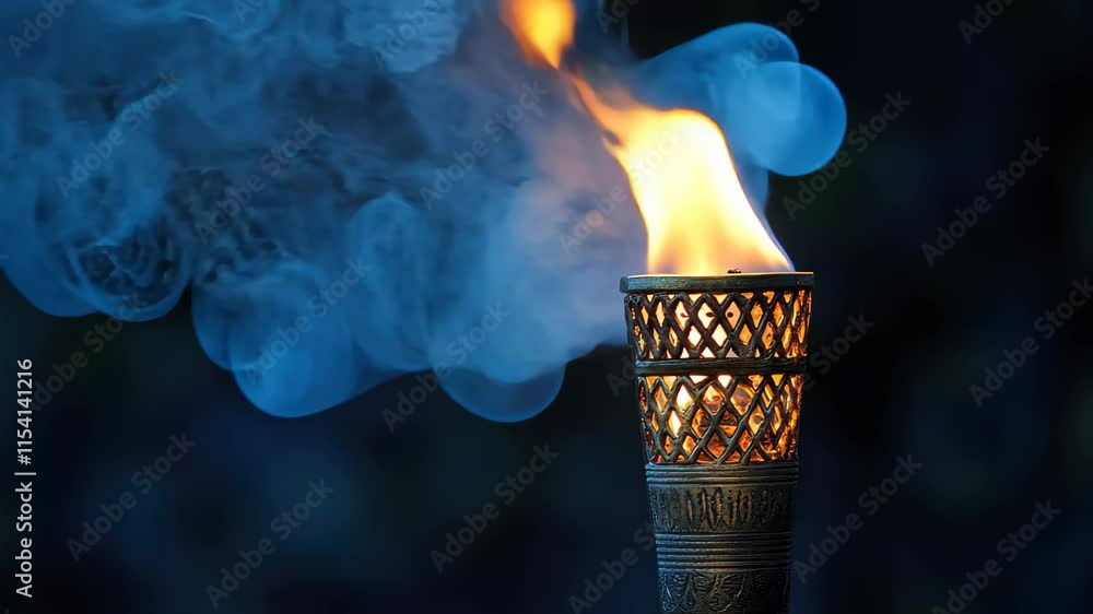 Poster closeup of an intricately designed lit torch with flickering flames and swirling smoke at night, clo