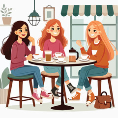 Flat young girl friends in cafe on meeting vector image vector on a white background
