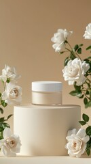 Cream jar mockup placed on podium with white rose, blank cream jar bottle skincare packshot