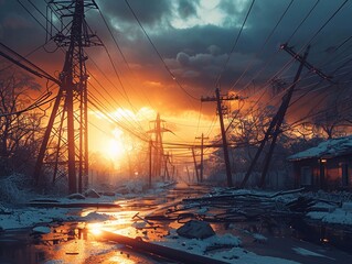 Toppled overhead downed power lines. electricity pylon high-voltage power lines were damaged by the storm, wind storm