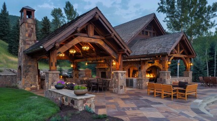 Luxurious outdoor kitchen and patio with stone fireplace and timber beams under twilight sky.