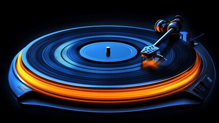 Glowing blue and orange turntable with vinyl record and tonearm on black background