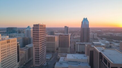 Fototapeta premium Aerial View of Urban Skyline at Sunset with Vibrant Colors and Buildings