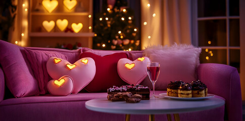 A cozy, romantic setting with heart-shaped cushions, festive lights, and delicious desserts.