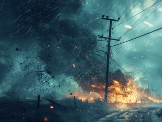 Toppled overhead downed power lines. electricity pylon high-voltage power lines were damaged by the storm, wind storm