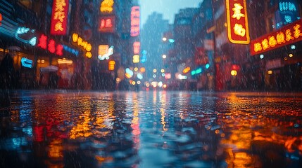 Fototapeta premium Rain Soaked City Street Night Lights Reflections