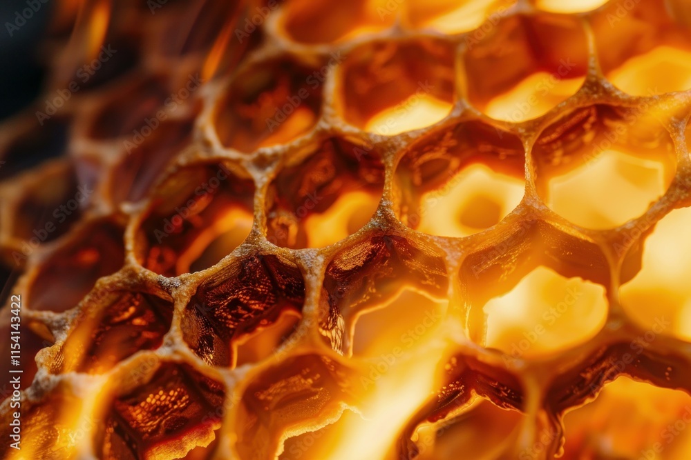 Aufkleber honeycomb structure burning and melting with fire, showing the hexagonal cells and wax