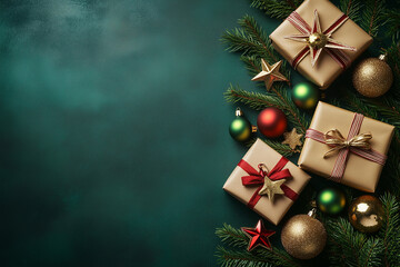 Christmas Eve Gift Boxes with Ribbon Bows Red Green Baubles Gold Star Ornaments and Pine Branches on Green Background