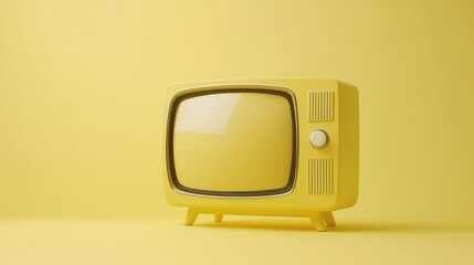 Yellow retro analog TV on yellow background, Minimal vintage television on yellow background