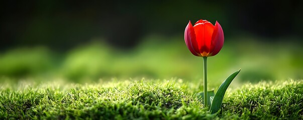 Obraz premium A single vibrant red tulip standing out in a field of soft green grass.