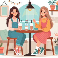 Flat young girl friends in cafe on meeting vector image vector on a white background