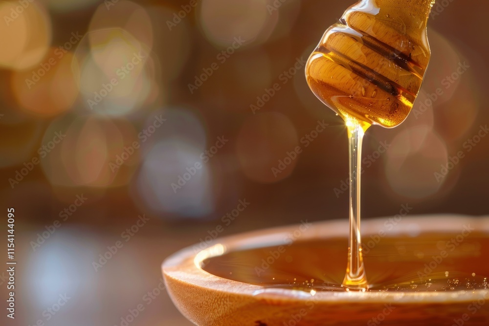 Aufkleber honey is pouring from wooden dipper into bowl, creating a visually appealing scene with golden bokeh