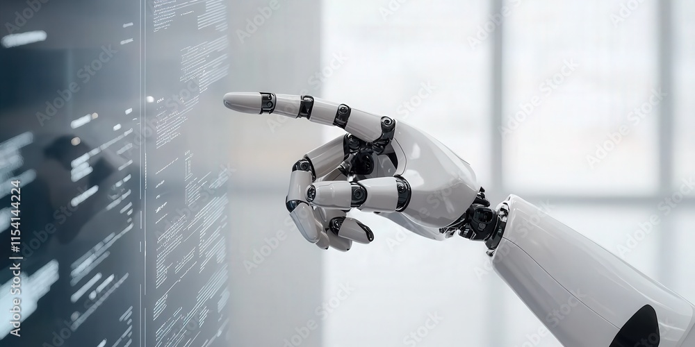Poster future ready innovation concept. a robotic hand interacts with a digital interface, showcasing advan