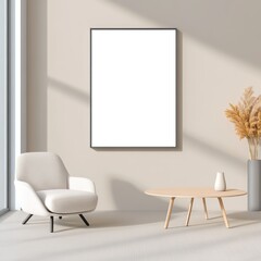 Modern Living Room with Armchair and Dining Table Mockup Frame in Bright Light Interior