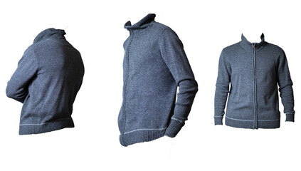 A modern gray cardigan sweater with a zip-up design on a transparent background. The versatile...
