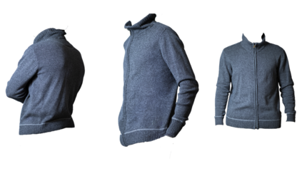 A modern gray cardigan sweater with a zip-up design on a transparent background. The versatile knitwear showcases minimalist style, ideal for casual or semi-formal fashion concepts.