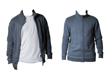 A modern gray cardigan sweater with a zip-up design and white t-shirt on a transparent background. The versatile knitwear showcases minimalist style, ideal for casual or semi-formal fashion concepts.
