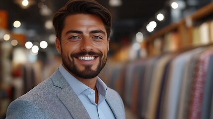 Fototapeta premium Happy Man Smiling in a Stylish Gray Blazer