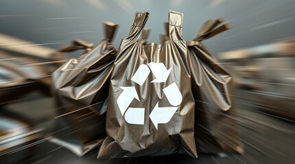 A collection of eco-friendly biodegradable plastic bags adorned with the universal recycling symbol, showcasing a variety of sustainable packaging options designed for responsible waste management