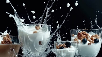 A dramatic scene depicts cereal falling into milk, capturing the splash in high-speed motion, illustrating the energy and fluid dynamics of a commonplace breakfast moment.