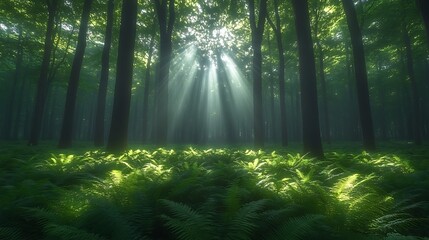 Fototapeta premium Sunbeams Illuminate a Lush Forest Floor with Ferns