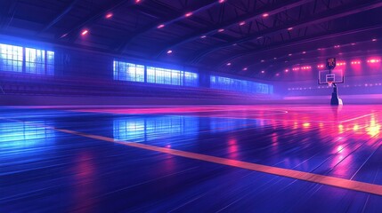 A vibrant basketball court illuminated with colorful lights and reflections.