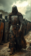 Medieval Templar Knight in Full Armor Ready for Crusade, Sword Raised, Fighting for Honor