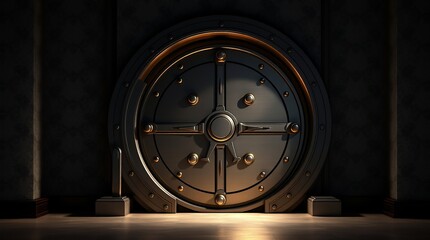 Obraz premium A 3D-rendered photorealistic image showcases a large and heavy bank vault door, symbolizing security for money and valuables. 