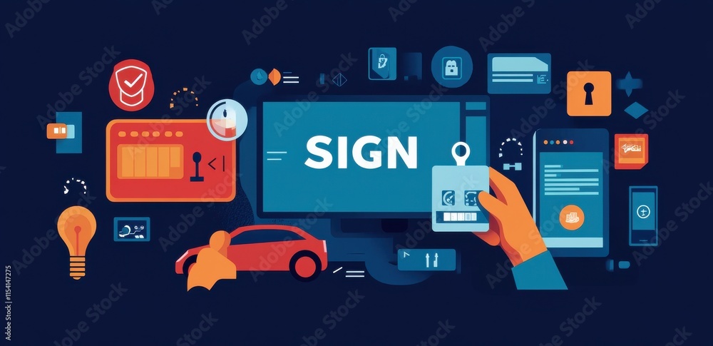 Poster digital security interface illustrating data access and key authentication concepts